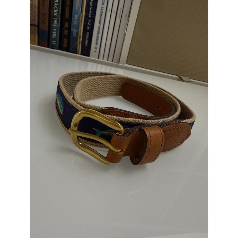 Zeppelin Mahi Mahi Fish Canvas Leather Belt Mens 36 Tan Navy Blue Nautical USA